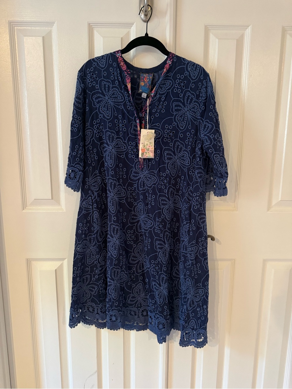 Johnny Was Blue Night Embroidered Dress with Multicolor Floral Accents